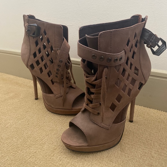 Brown Lace-Up Peep-Toe Booties - Picture 1 of 4